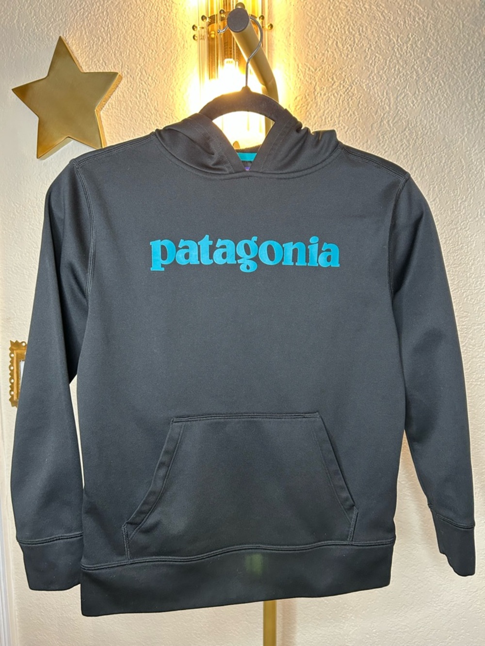 Patagonia Kids Black Hoodie with Teal Logo
